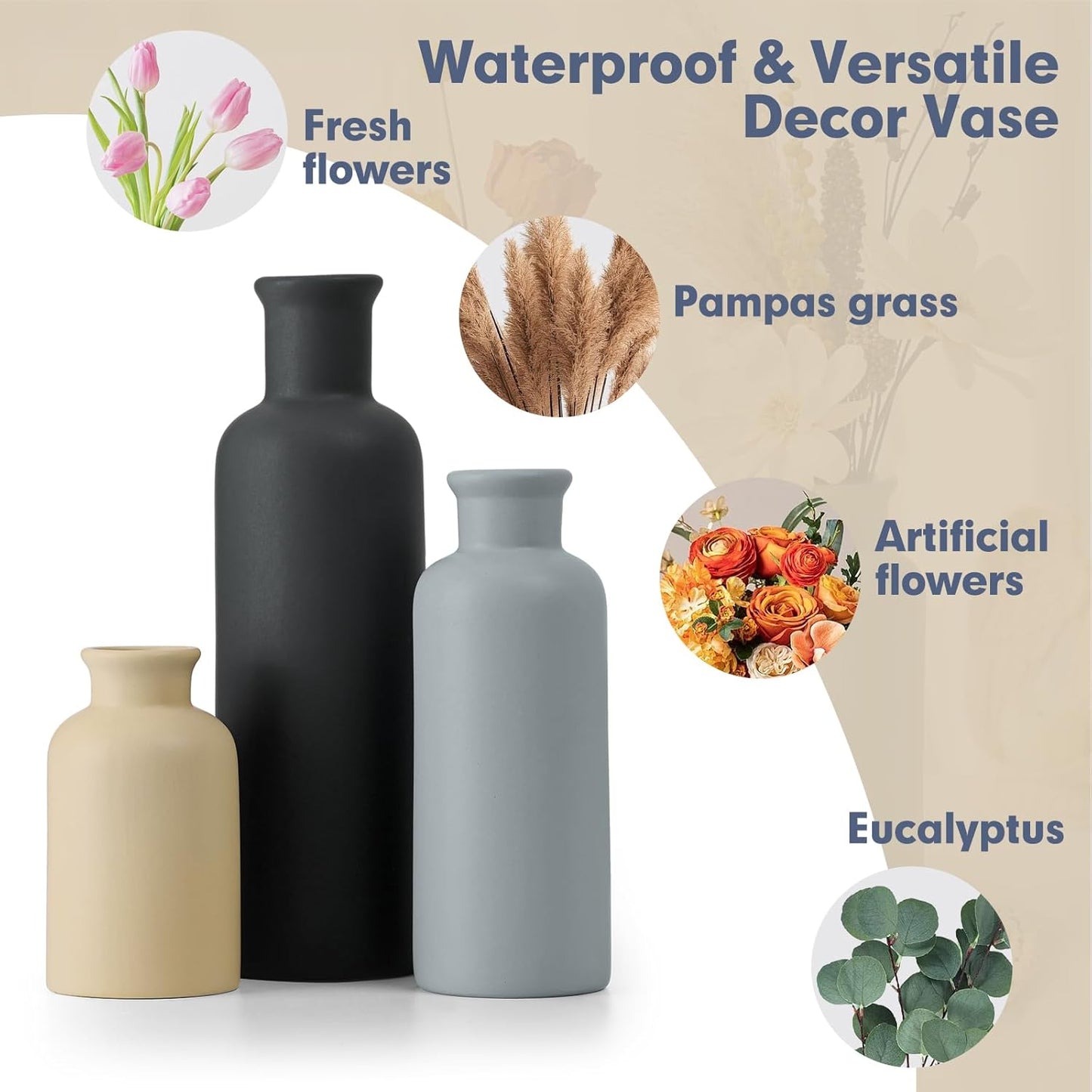 Modern Ceramic Vase Set of 5, Vases Home Decor Rustic Farmhouse Decorative Vase Pottery Vases for Bouquet Pampas Grass Dried Fresh Flowers, Table Living Room Kitchen Bedroom