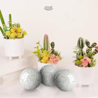 4in Decorative Mosaic Sphere Orbs Set of 3, Glass Balls for Whole Housewares,Wedding/Birthday,Bowls,Vases Dining Table Centerpieces(Silver,Black,Blue)