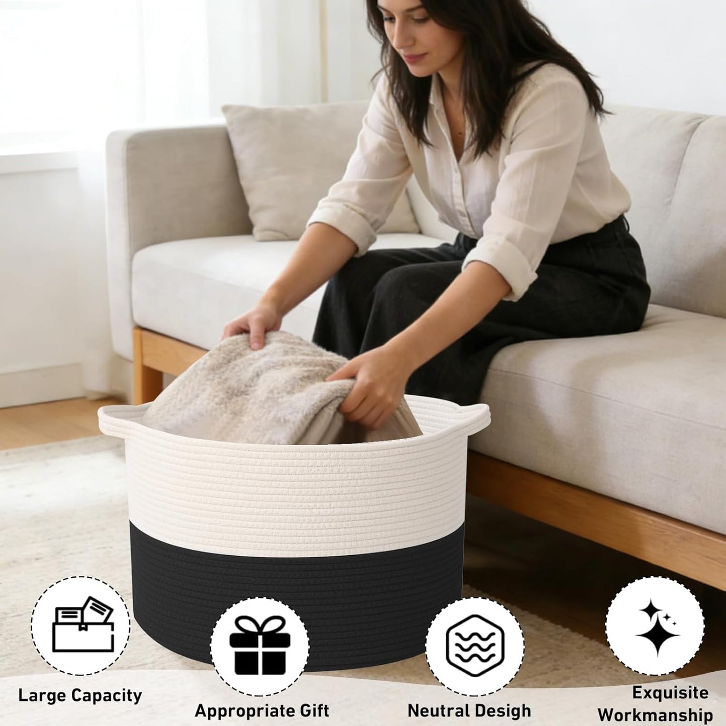 Large Woven Blanket Basket,65L Cotton Rope Laundry Basket Hamper with Handles, Decorative Nursery Basket Storage Bin for Toys, Clothes Organizer, Living Room, Bedroom, Bathroom, White & Brown