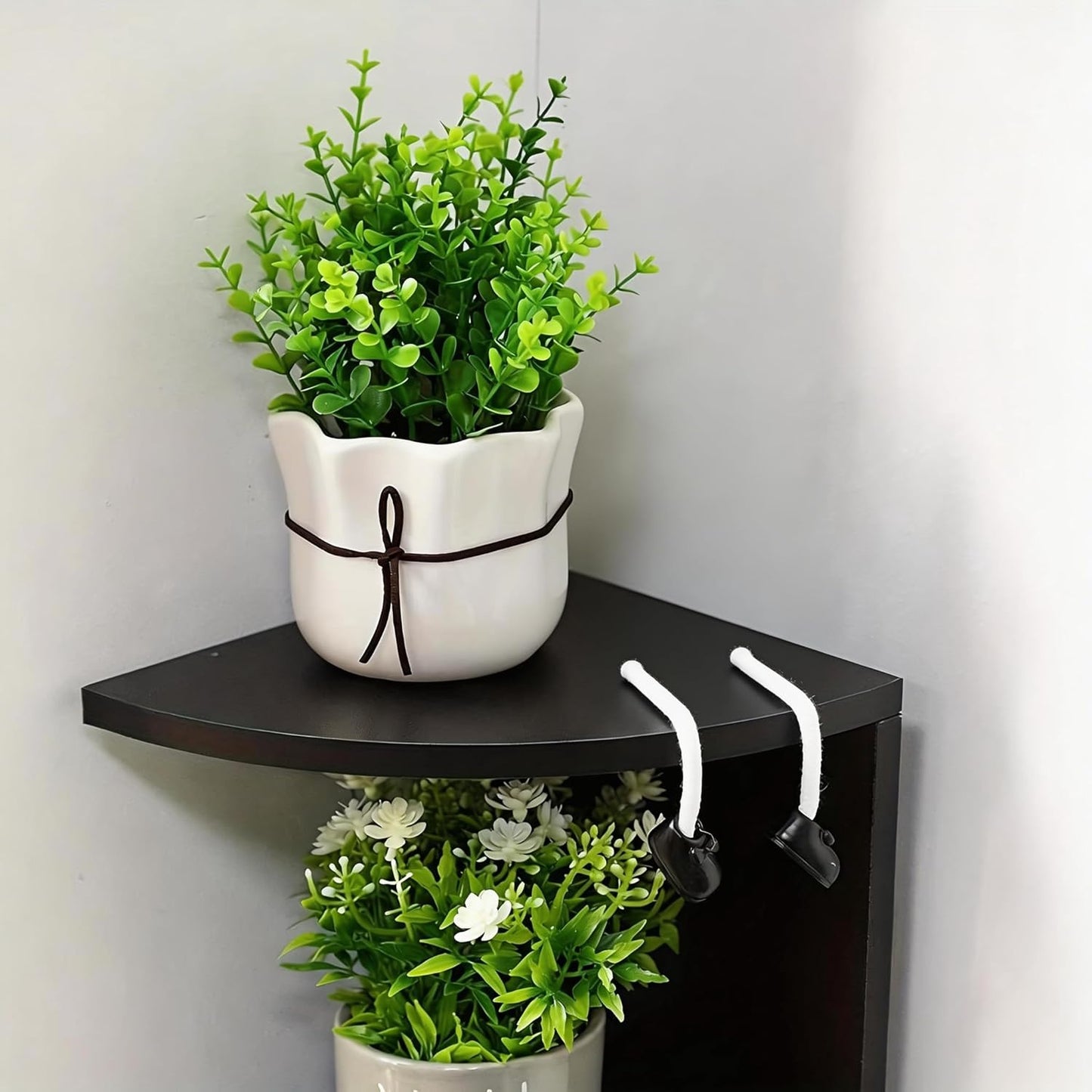 No-Drill Corner Shelf Wall Mount, 5-Tier Floating Corner Bookshelf with Hooks, Space-Saving Zigzag Plant Shelf for Bedroom, Living Room, Bathroom, Home Office