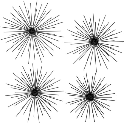 Shimeyao 4 Pcs Metal Starburst Wall Decor Black Metal Wall Art 3D Spike Bling Finish Star Burst Hangings Accents Sculptures Set Modern Mid Century Decorations for Living Room Bedroom Entryway