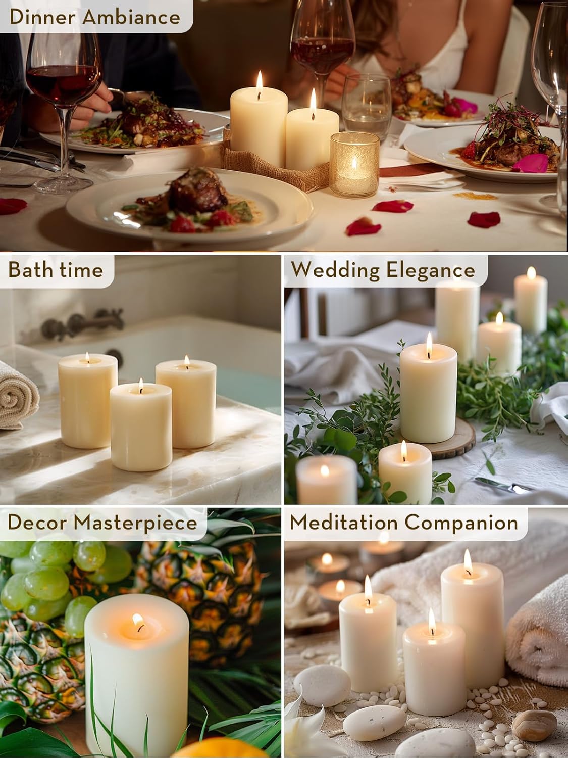 Ashlux 3x4 Inch White Pillar Candles, Set of 3 Wax, 56 Hours Long Burning, Unscented and Dripless Pillar Candles Bulk for Christmas Lights, Wedding, Parties, Spas, Home Decorative