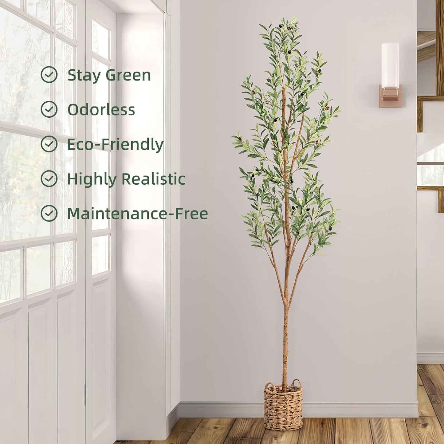 6ft Artificial Olive Tree with LED Fairy Lights, Tall Faux Potted Plant with Woven Basket - Natural Wooden Trunk & Lifelike Leaves & Fruits for Indoor Home Office Foyer Decor Housewarming Gift