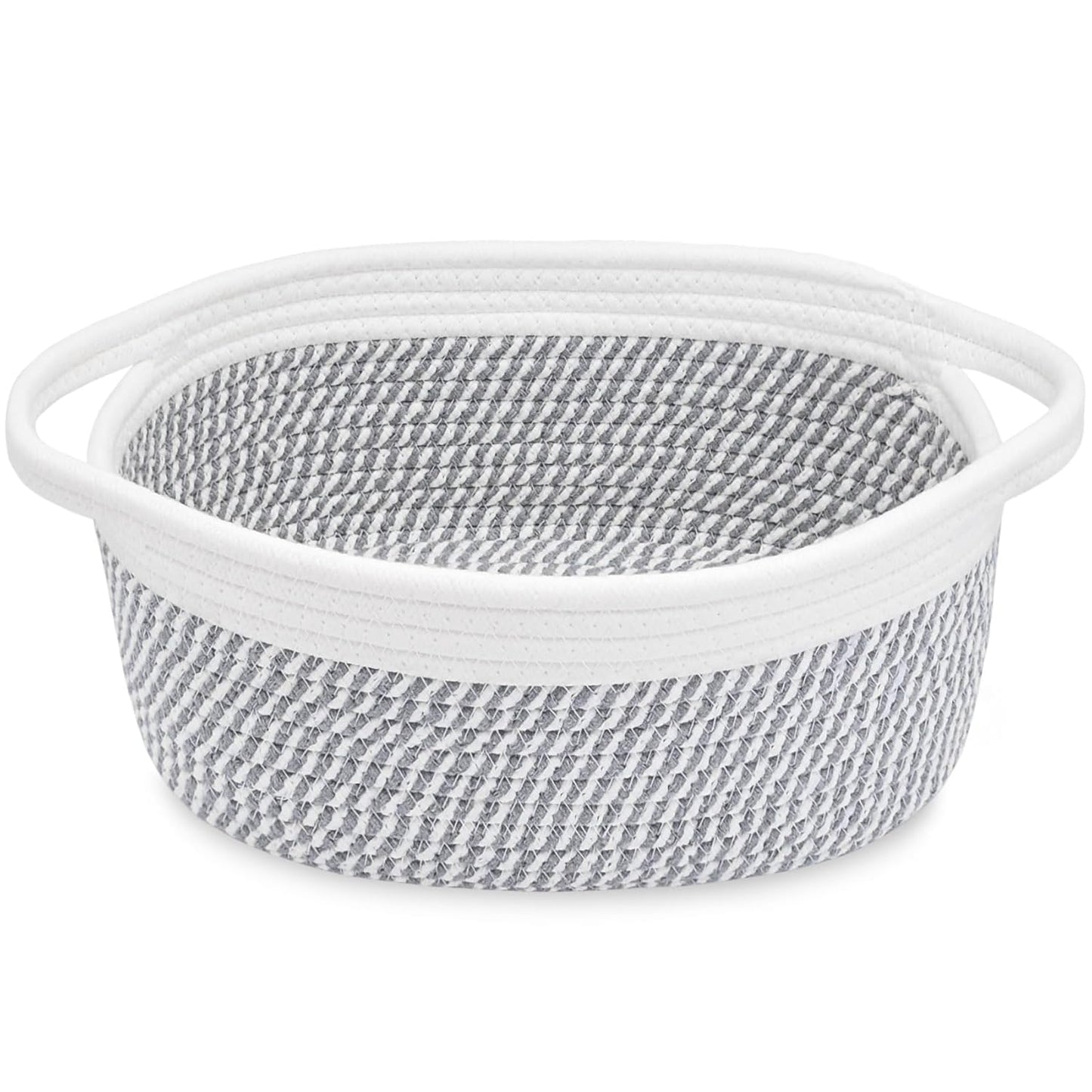 ABenkle Small Basket with Handles, Boho Decorative Rope Woven Dog Cat Toy Storage Bin Shelf Storage Organizer, Easter Christmas Gift Basket, 12"x8"x5", White