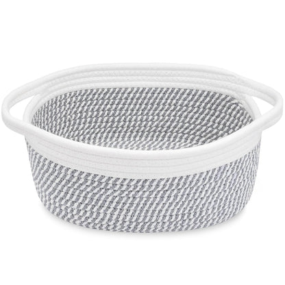 ABenkle Small Basket with Handles, Boho Decorative Rope Woven Dog Cat Toy Storage Bin Shelf Storage Organizer, Easter Christmas Gift Basket, 12"x8"x5", White