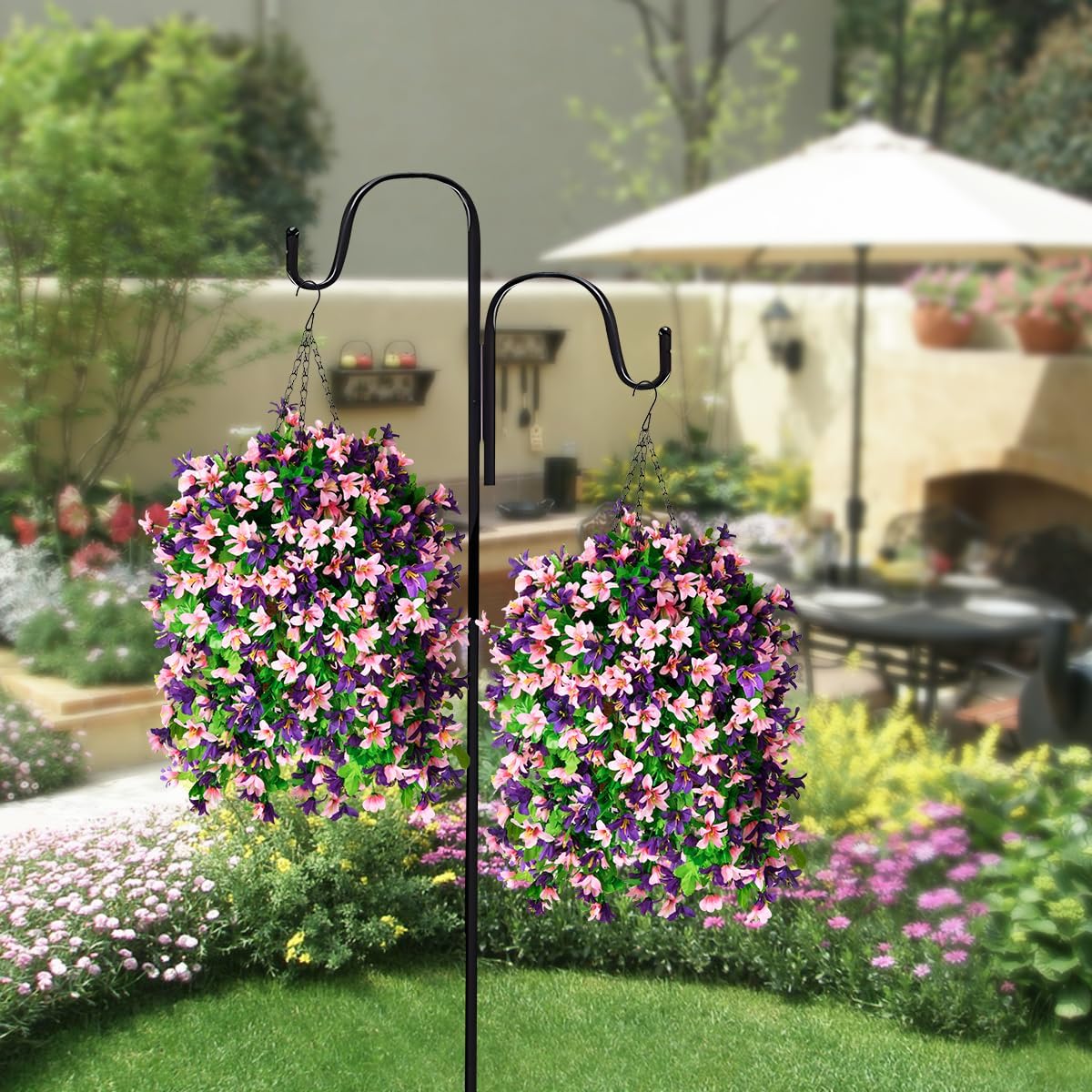 INQCMY Artificial Fake Hanging Plants Flowers Basket for Spring Summer Outdoor Outside Porch Decoration,UV Resistant Faux Silk Violet in Planter for Home Patio Balcony Garden Yard Decor(Red)