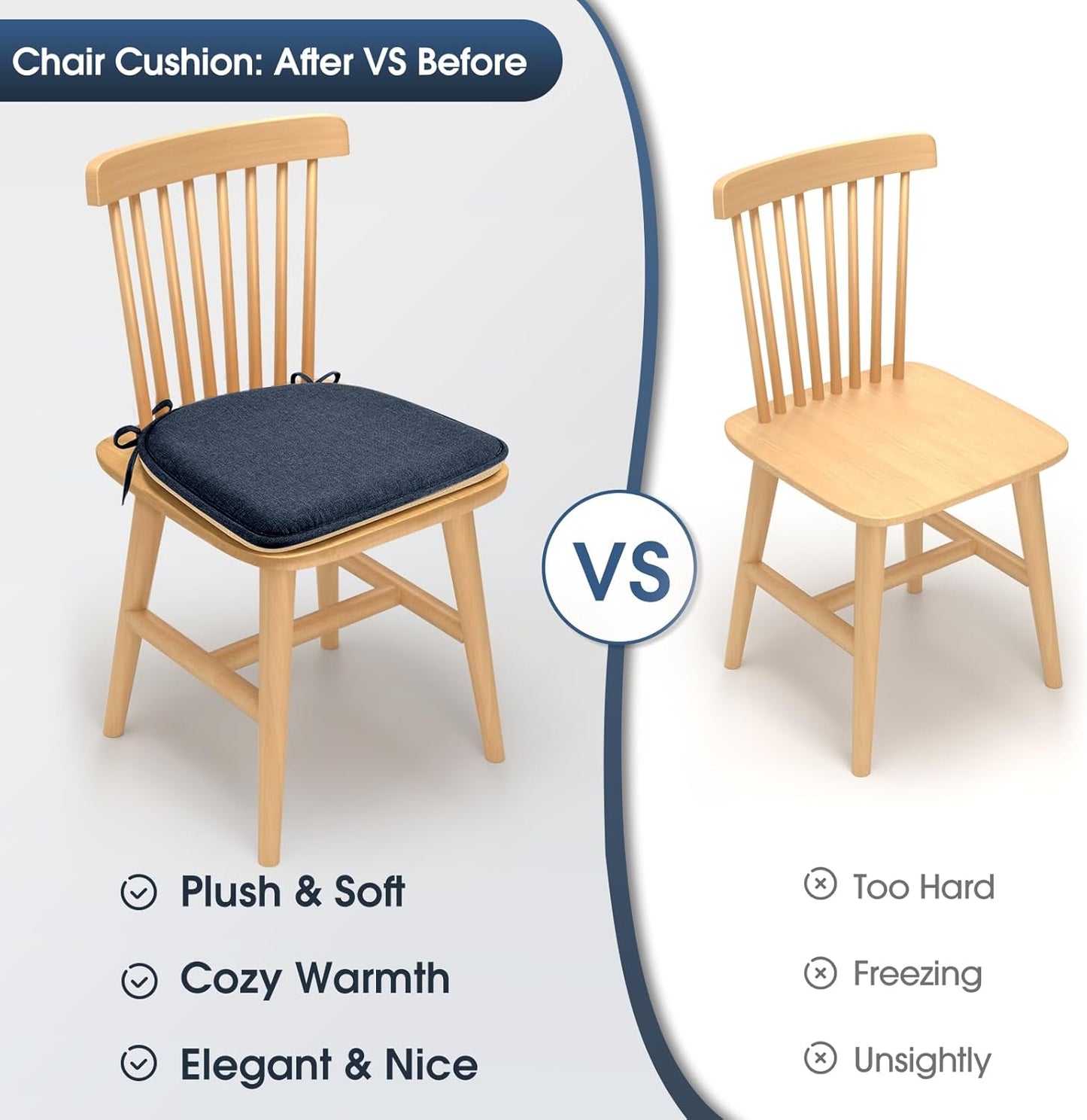 TushGuard Chair Cushions for Dining Chairs Set of 4, Soft Seat Cushions for Kitchen Chairs, Non-Slip Bottom with Ties, Comfortable Everyday Chair Pads, Grey