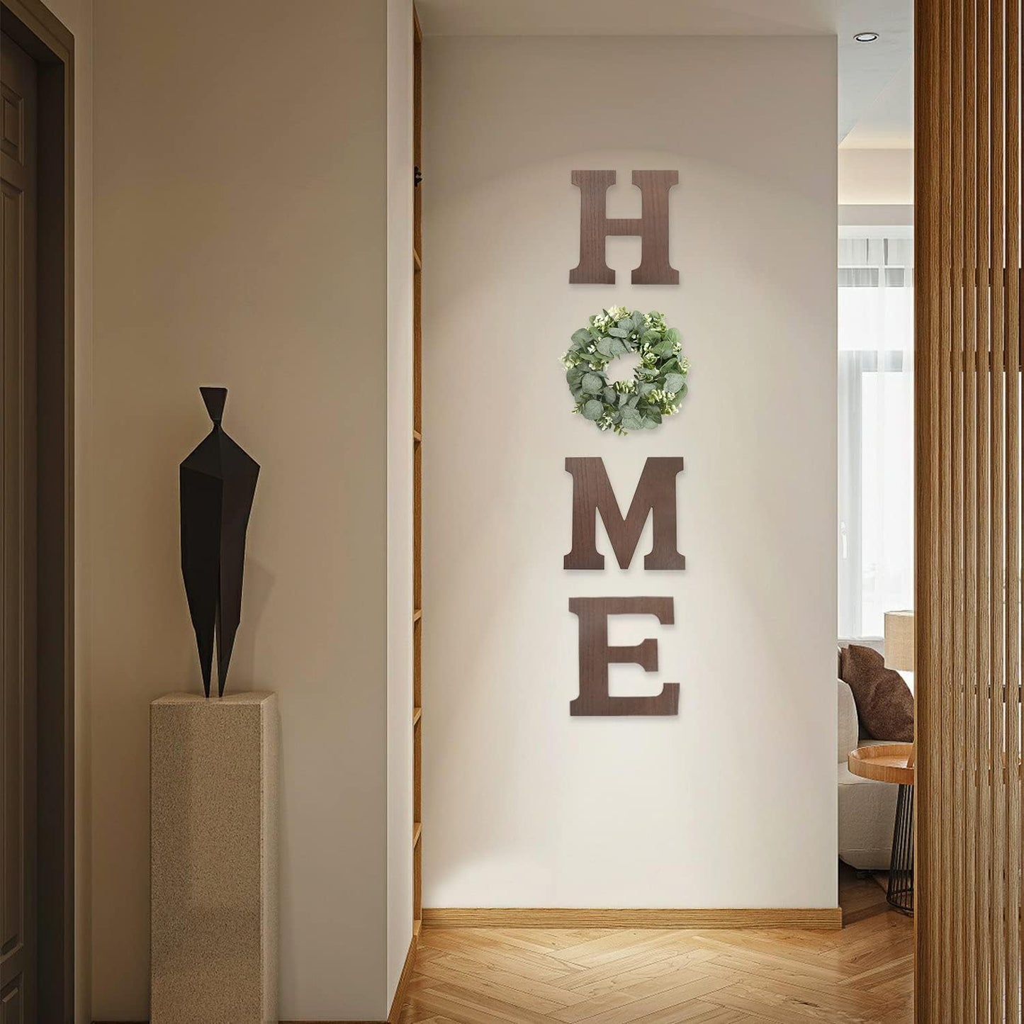 Pinkpum Wood Home Sign with Artificial Eucalyptus Wreath for O, Hanging Farmhouse Wall House Decor Wood Letters for Wall Art Rustic Home Decor, Wall Decor for Living Room Kitchen Entryway (Black)