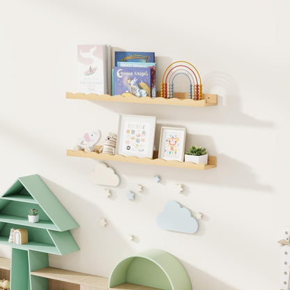 Fun Memories Picture Ledge Shelf for Wall, 24 inch Pine Wood Nursery Book Shelves Set of 2- Wall Book Shelves for Kids Room, Home Decor - Kitchen Spice-White