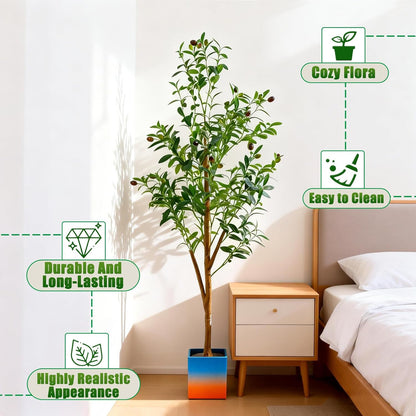 6FT Artificial Olive Tree Indoor, Tall Faux Olive Tree with Pot&Basket, Large Fake Olive Tree with Realistic 1080 Silk Leaves and 60 Fruits for Living Room Home Office Decor.