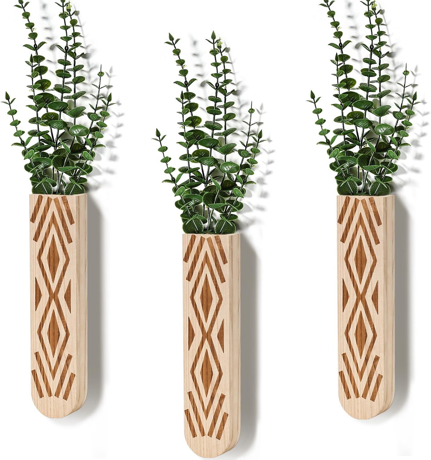 Wooden Wall Planter Set of 4 - Modern Home Decor for Living Room, Bedroom, Bathroom - Walnut Finish Planter for Dried Flowers, Faux Greenery, Indoor Plants