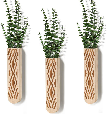 Wooden Wall Planter Set of 4 - Modern Home Decor for Living Room, Bedroom, Bathroom - Walnut Finish Planter for Dried Flowers, Faux Greenery, Indoor Plants