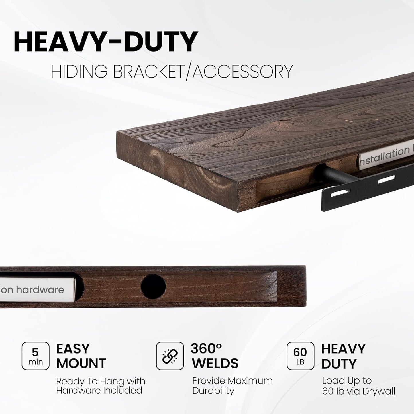 Floating Shelves 36 Inches Long - 8 Inch Deep Rustic Premium Solid Pine Wood for Storage - Farmhouse Wall Mounted for Living Room - Heavy-Duty Metal Bracket - 36" W x 8" D - Set of 2 - White Color