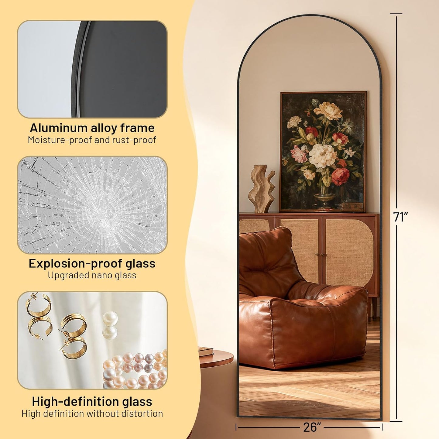 Simple Deluxe Arched Full Length Mirror, 71"x26"Large Floor Mirrors, for Wall Door Bedroom Bathroom Living Room (Gold)