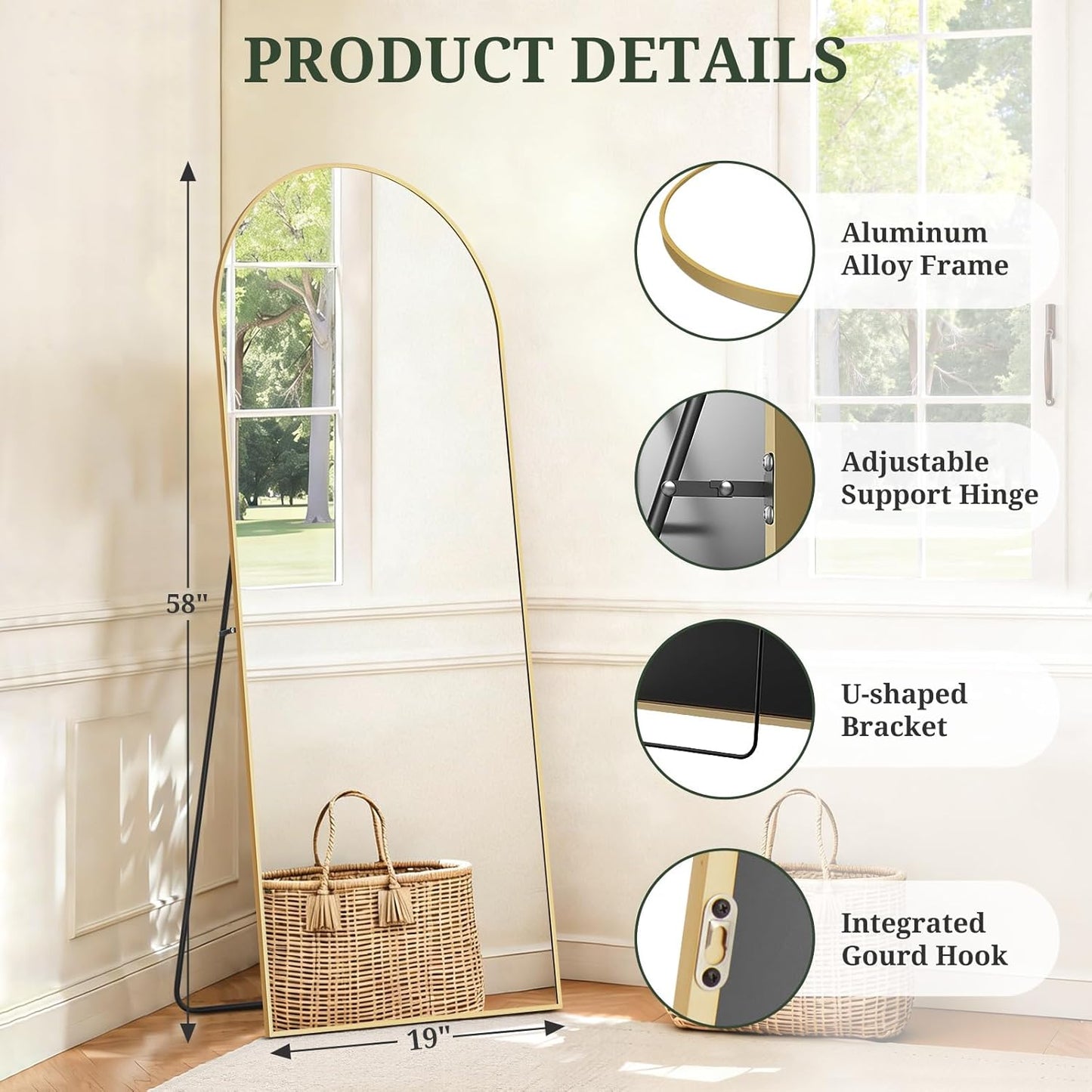 Mirror Full Length 64"x21" Full Body Floor Mirror with Stand, Shatterproof Glass, Aluminum Alloy Frame, Free Standing Wall Mounted or Leaning Arched Mirrors for Bedroom Living Room Entryway