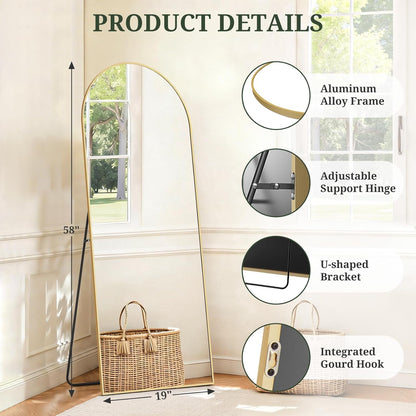 Mirror Full Length 64"x21" Full Body Floor Mirror with Stand, Shatterproof Glass, Aluminum Alloy Frame, Free Standing Wall Mounted or Leaning Arched Mirrors for Bedroom Living Room Entryway
