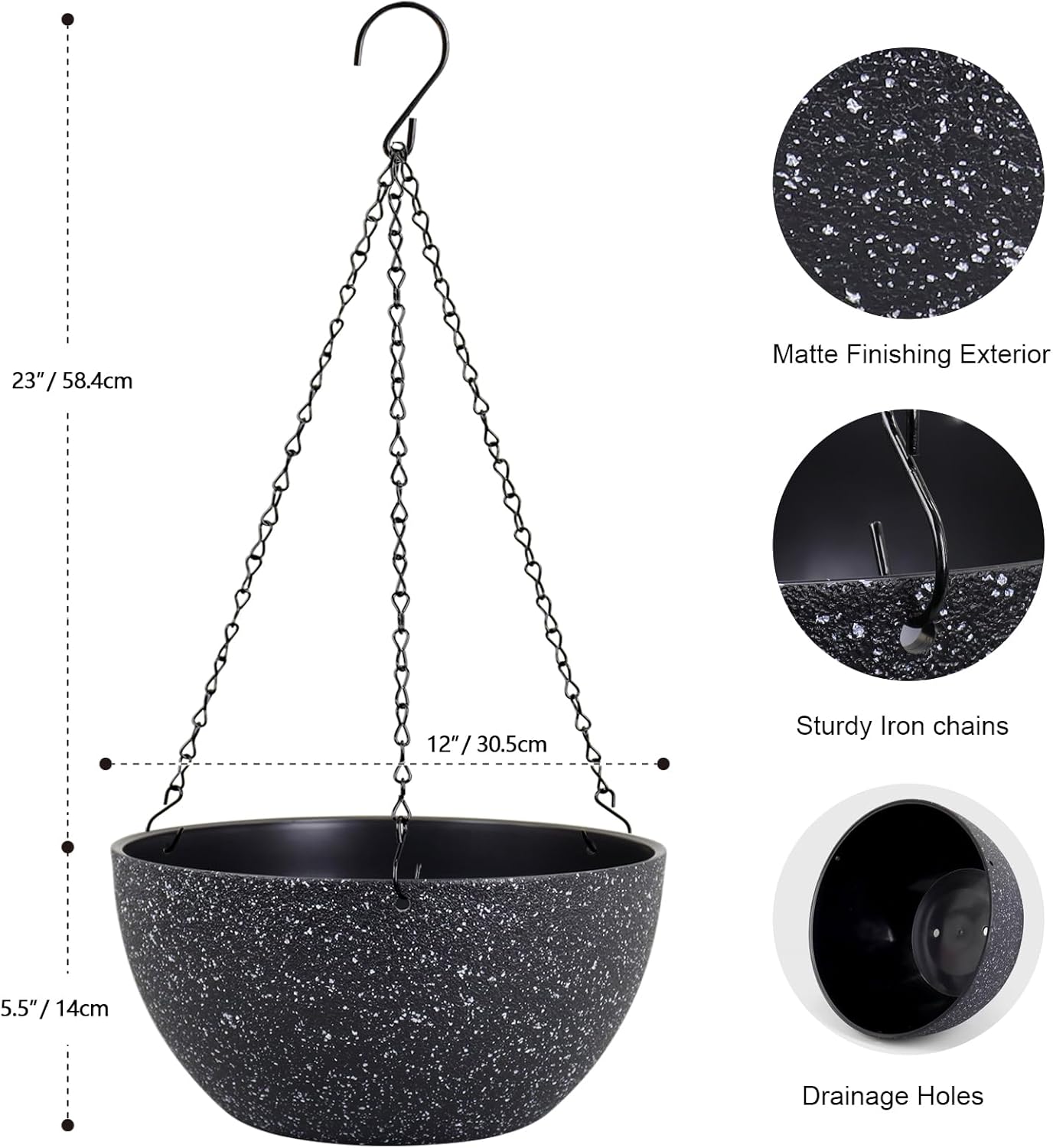 Meowell 10 inch Hanging Planters for Indoor Outdoor Plants, 2 Pack Hanging Flower Pots with Drainage Holes and Chain for Garden Porch, Plastic Hanging Baskets for House Plants, Speckled Grey