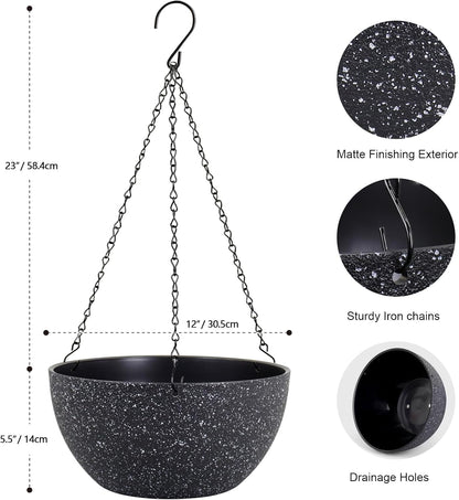 Meowell 10 inch Hanging Planters for Indoor Outdoor Plants, 2 Pack Hanging Flower Pots with Drainage Holes and Chain for Garden Porch, Plastic Hanging Baskets for House Plants, Speckled Grey