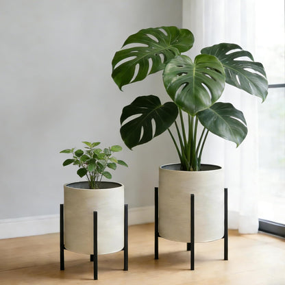 ARNIS Modern Plant Pots, Set of 2 Large Planters with Stand, Decorative Planters, Metal Pots with Drainage Holes for Living Room, Office, Garden or Balcony, 8.25 &10.5 Inch, Dirt