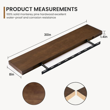 Floating Shelves 36 Inches Long - 8 Inch Deep Rustic Premium Solid Pine Wood for Storage - Farmhouse Wall Mounted for Living Room - Heavy-Duty Metal Bracket - 36" W x 8" D - Set of 2 - White Color