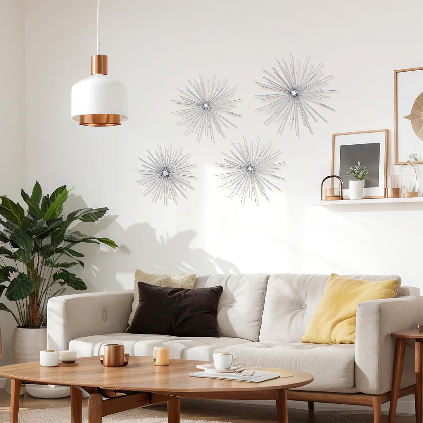Shimeyao 4 Pcs Metal Starburst Wall Decor Black Metal Wall Art 3D Spike Bling Finish Star Burst Hangings Accents Sculptures Set Modern Mid Century Decorations for Living Room Bedroom Entryway