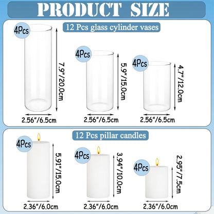 24 Pcs White Pillar Candles with Glass Candle Holder Hurricane Glass Candle Holders Clear Cylinder Vases for Centerpieces Wedding Office Party Home Table Decor