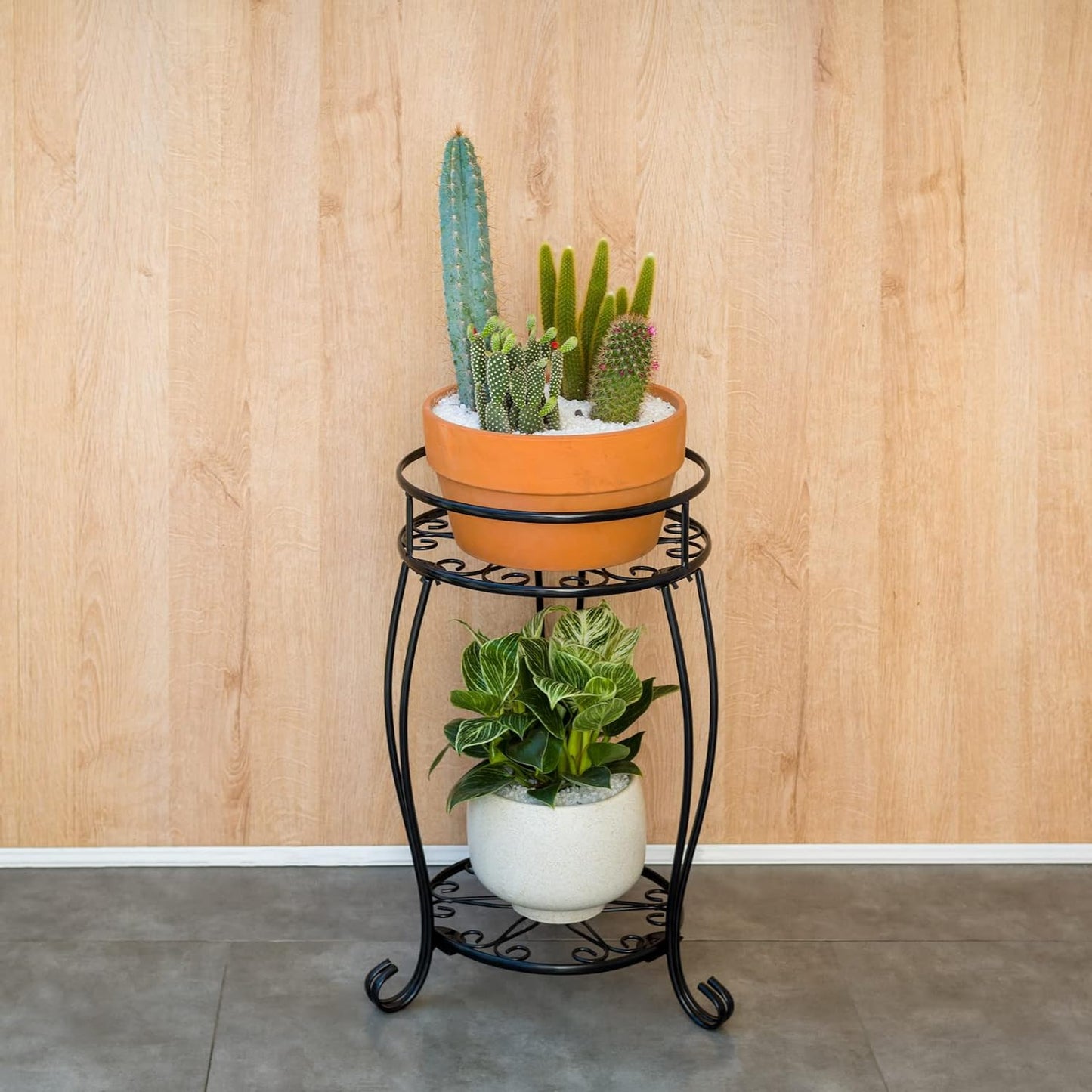 FaithLand 2 Pack Metal Plant Stands, Tall Planter Holder Indoor Outdoor, 2 Tier Round Potted Supports Rack, Corner Display Shelf Black