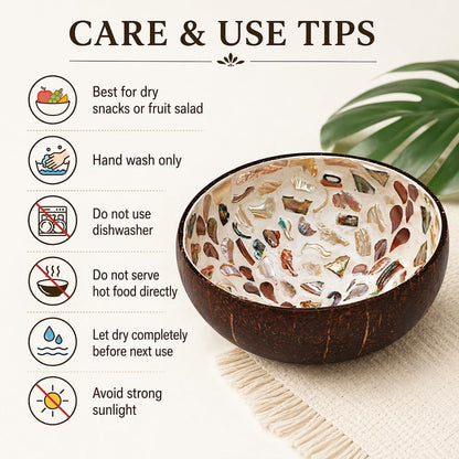ChezMax Natural Coconut Bowl with Mother of Pearl Inlays - Key Bowl & Fruit Snack Holder (Blue-Gold)