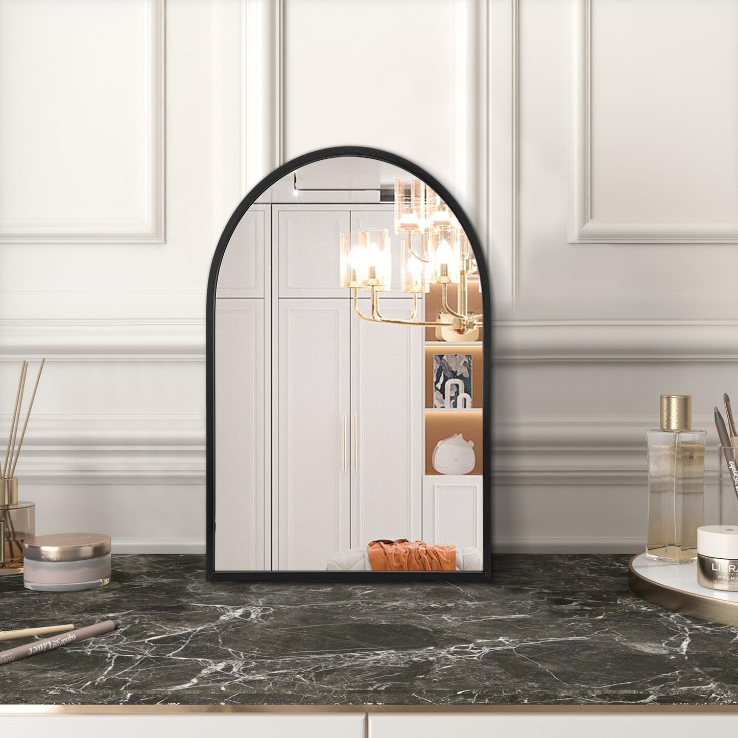 Black Arched Wall Mirror Aluminum Alloy Frame Bathroom Mirror Brushed Metal Vanity Wall Mounted Mirror for LivingRoom Bedroom Entryway Room Home Decor 16"x12"