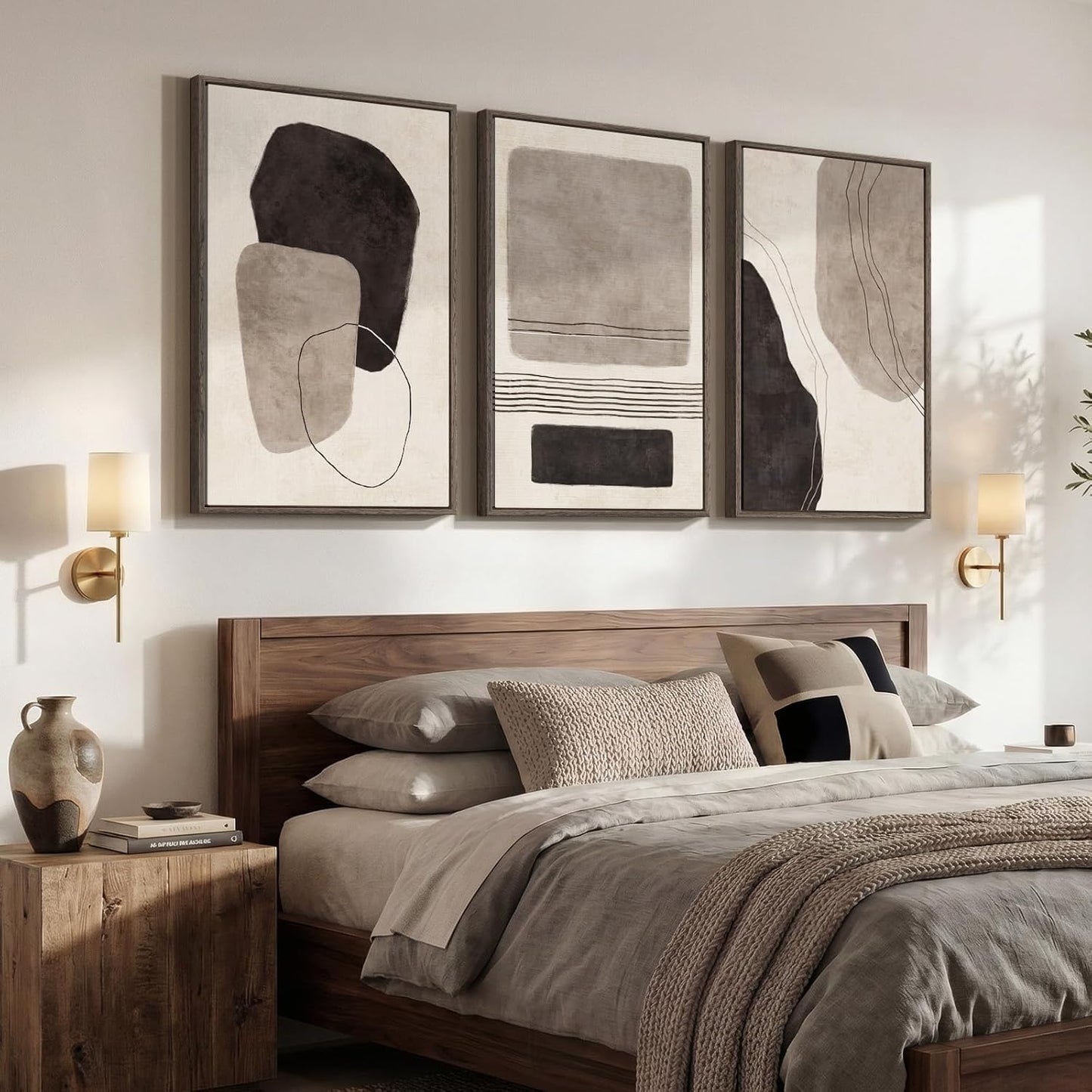Large Framed Neutral Abstract Wall Art for Living Room, 3 Piece Modern Canvas Prints Paintings Artwork for Walls, Black and Beige Pictures for Living Room Hallway Stair Office Wall Decor 24x36 Inch