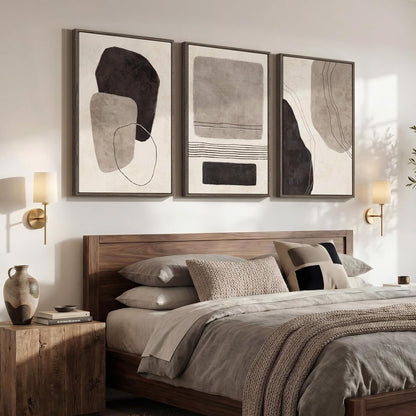 Large Framed Neutral Abstract Wall Art for Living Room, 3 Piece Modern Canvas Prints Paintings Artwork for Walls, Black and Beige Pictures for Living Room Hallway Stair Office Wall Decor 24x36 Inch