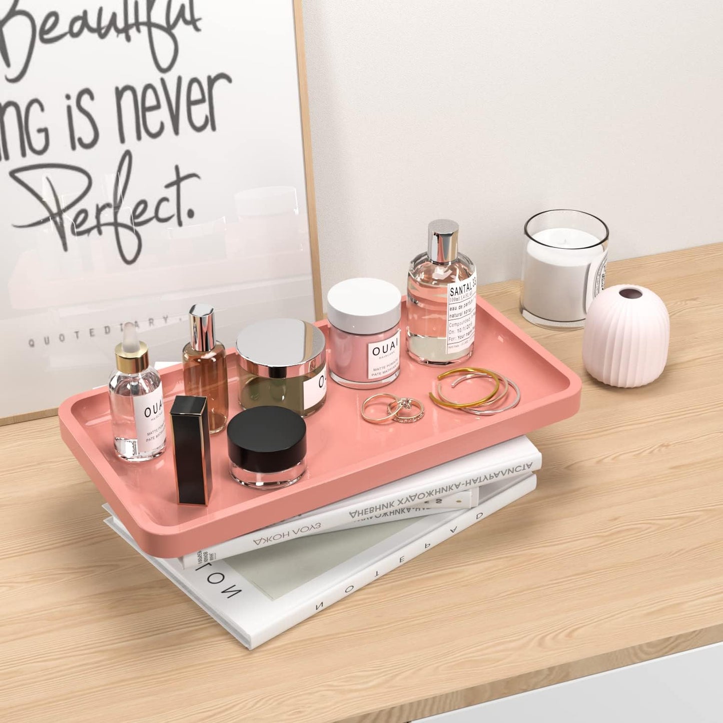Bathroom Vanity Tray for Countertop - Bamboo Organizer Tray for Dresser Tops, Toilet, Perfume Small Decorative Tray Wood Tray for Home Decoration 11.81” L x 6.1” W x 0.79” H Black