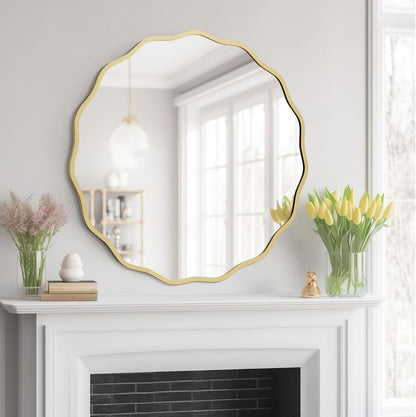 WallBeyond Round Wavy Mirror for Wall Decorative 24 inch, Modern Round Mirror Aluminum Frame for Bathroom Bedroom Living Room Home House Office Entryway, Gold