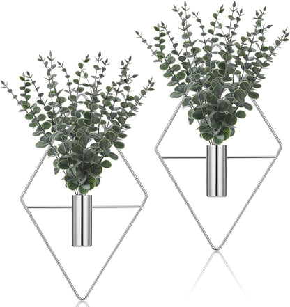 Jexine 4 Pcs Hanging Planters with Artificial Eucalyptus Metal Hanging Vase Indoor Plants Holder Modern Geometric Boho Bathroom Wall Decor for Living Room Home Office(Black)