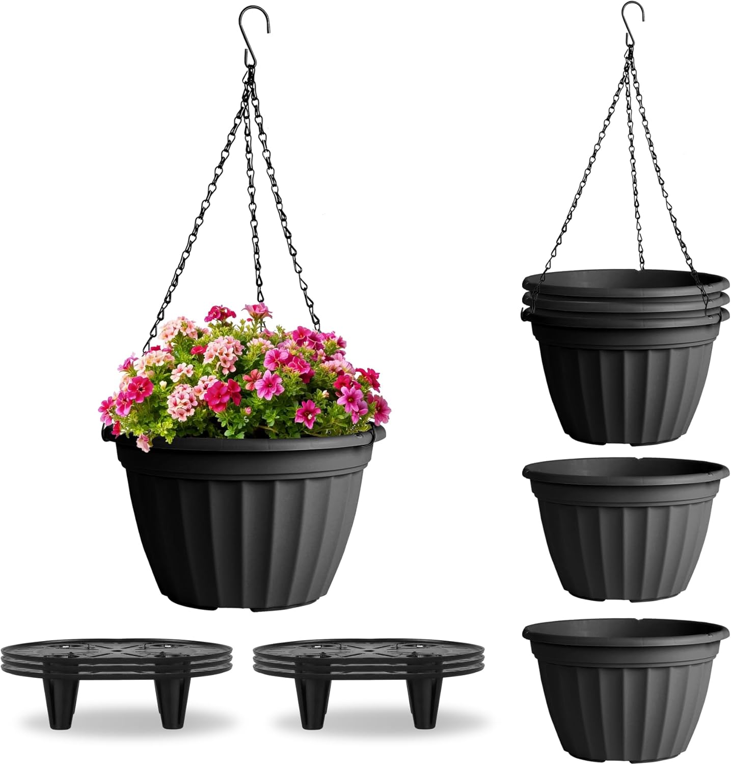 FGstyle Hanging Planters 10 Inch, 4 Pcs Self Watering Pots for Indoor Plants,Plastic Hanging Basket with Soil Elevator and 20" Chain for Home Garden Porch Balcony Patio Decor(Black)