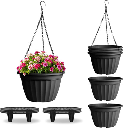 FGstyle Hanging Planters 10 Inch, 4 Pcs Self Watering Pots for Indoor Plants,Plastic Hanging Basket with Soil Elevator and 20" Chain for Home Garden Porch Balcony Patio Decor(Black)