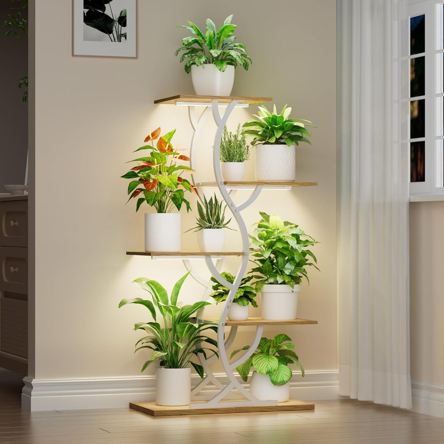 Plant Stand Indoor with Grow Lights - 44" Tall Corner Plant Stands for Indoor Plants, 5 Tiered Metal Plant Shelf, Curved Plant Flower Holder Dispaly Rack for Living Room, Home Patio Balcony (Black)