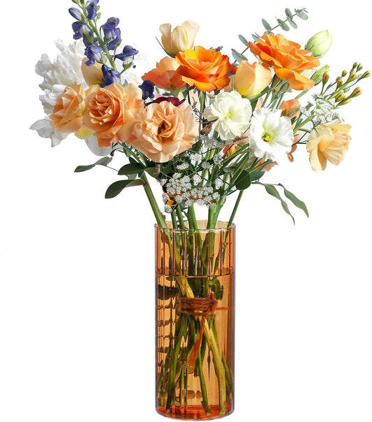 ComSaf Glass Cylinder Vases, Bud Vase for Centerpieces, 8 Inch Tall Ribbed Vase Hurricane Floating Candle Holder, Decorative Flower Vases for Wedding Reception, Home Decor, Housewarming Gift (Clear)