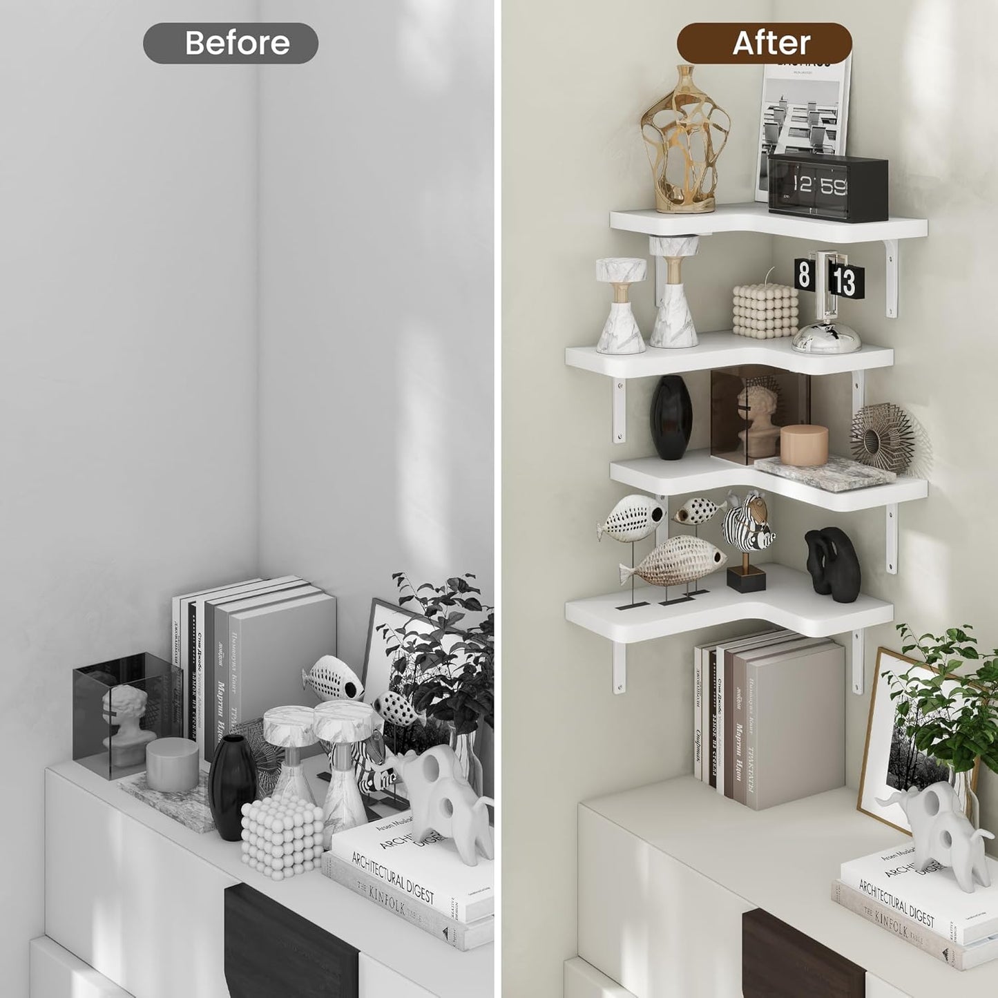 Venusmiles Corner Floating Shelves Set of 4, Wall Mounted L-Shaped Storage - Maximize Unused Corner Space in Bathroom, Kitchen, Bedroom, Office, Dark Carbonized