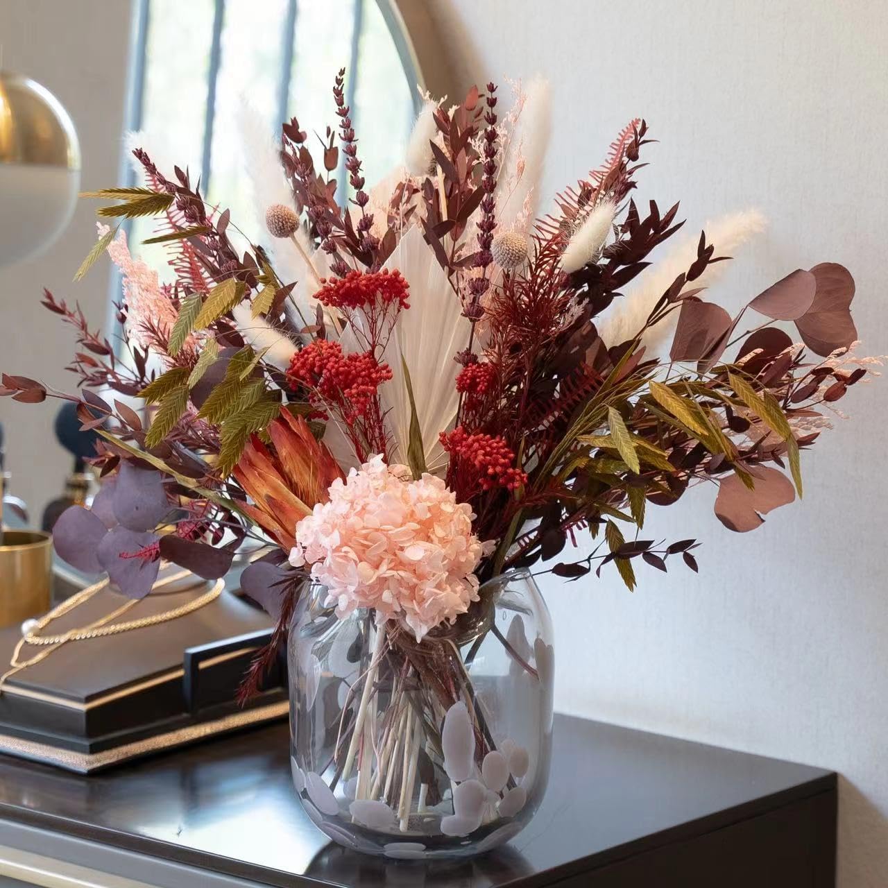 Blush Pink & Burgundy Dried Flower Bouquet, Cream Pampas Grass with Sage Green & Eucalyptus, Boho Dried Flowers for Wedding, Home Décor