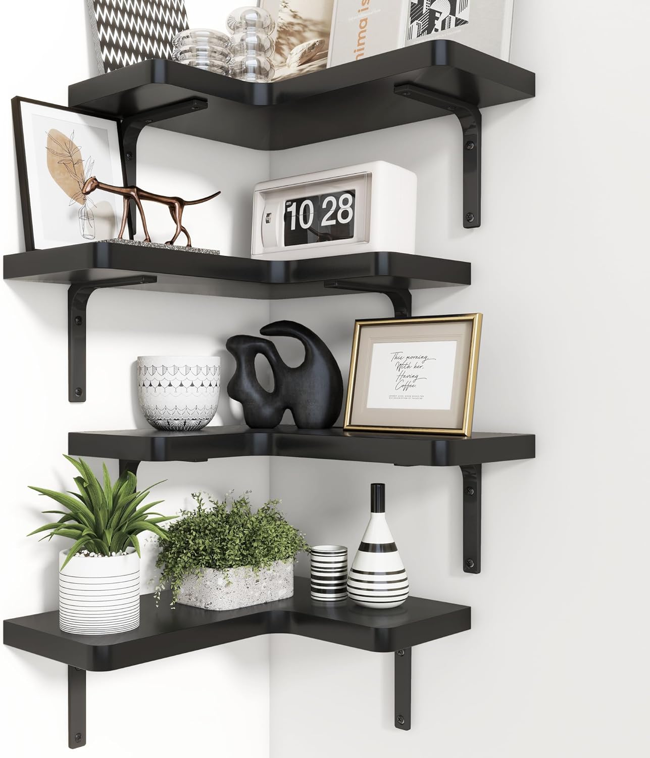 Venusmiles Corner Floating Shelves Set of 4, Wall Mounted L-Shaped Storage - Maximize Unused Corner Space in Bathroom, Kitchen, Bedroom, Office, Dark Carbonized