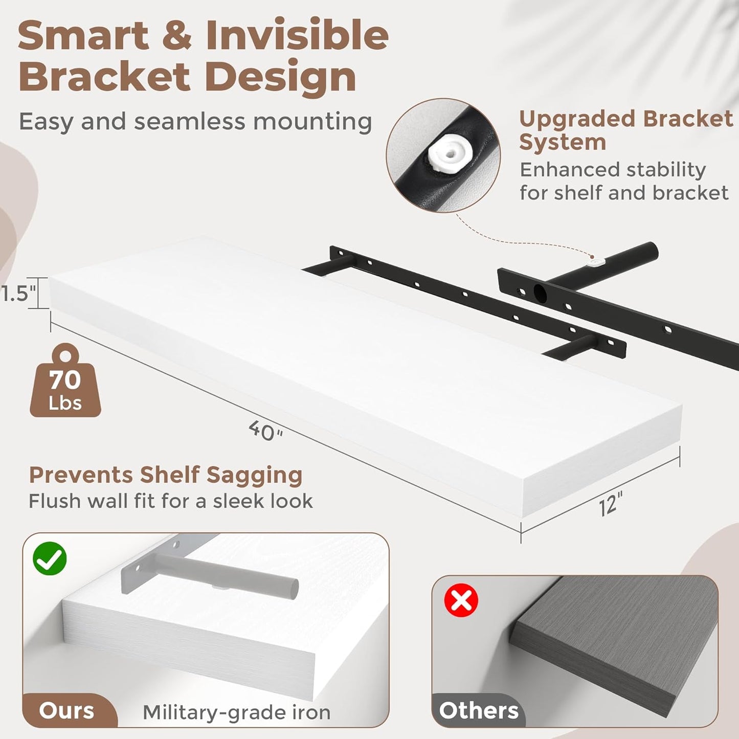 72 Inch Long Floating Shelves for Wall Set of 2, 12"D Wood Grain Bathroom Shelves with Invisible Brackets, Easy Install Engineered Wood Storage Shelves for Kitchen, Living Room, Bedroom, Black Finish