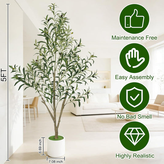 Timoo Faux Olive Tree Olive Trees Artificial Indoor with White Planter (5 FT)