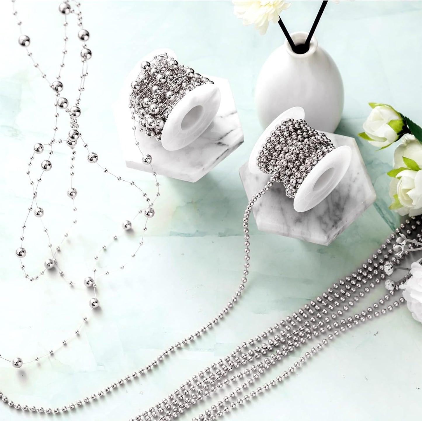 Bonuci 3 Rolls 66 Feet Pearls String Garland Faux Pearl Garland Spool Roll Strand Decoration Artificial Beads Chain Trim for Wedding Party Crafting Wedding Mother's Day Flower Decor(Ivory,4mm)