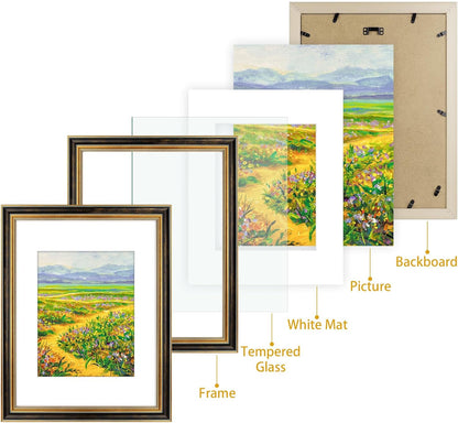 Golden State Art,11x14 Ornate Picture Frame for 8x10 Photo with Mat or 11 x 14 Prints without Mat,Real Glass Wall Display(Color:Green Gold)