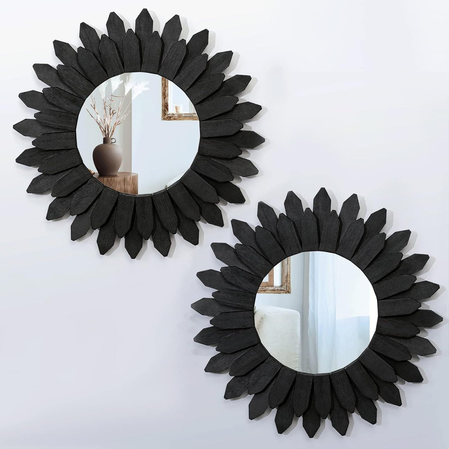 Honiway Wall Mirror Decorative 12 inch Rustic Wood Mirror Sunburst Boho Mirror for Entryway Bedroom Living Room Bathroom House Warming Gifts New Home Essential Carbonized Black