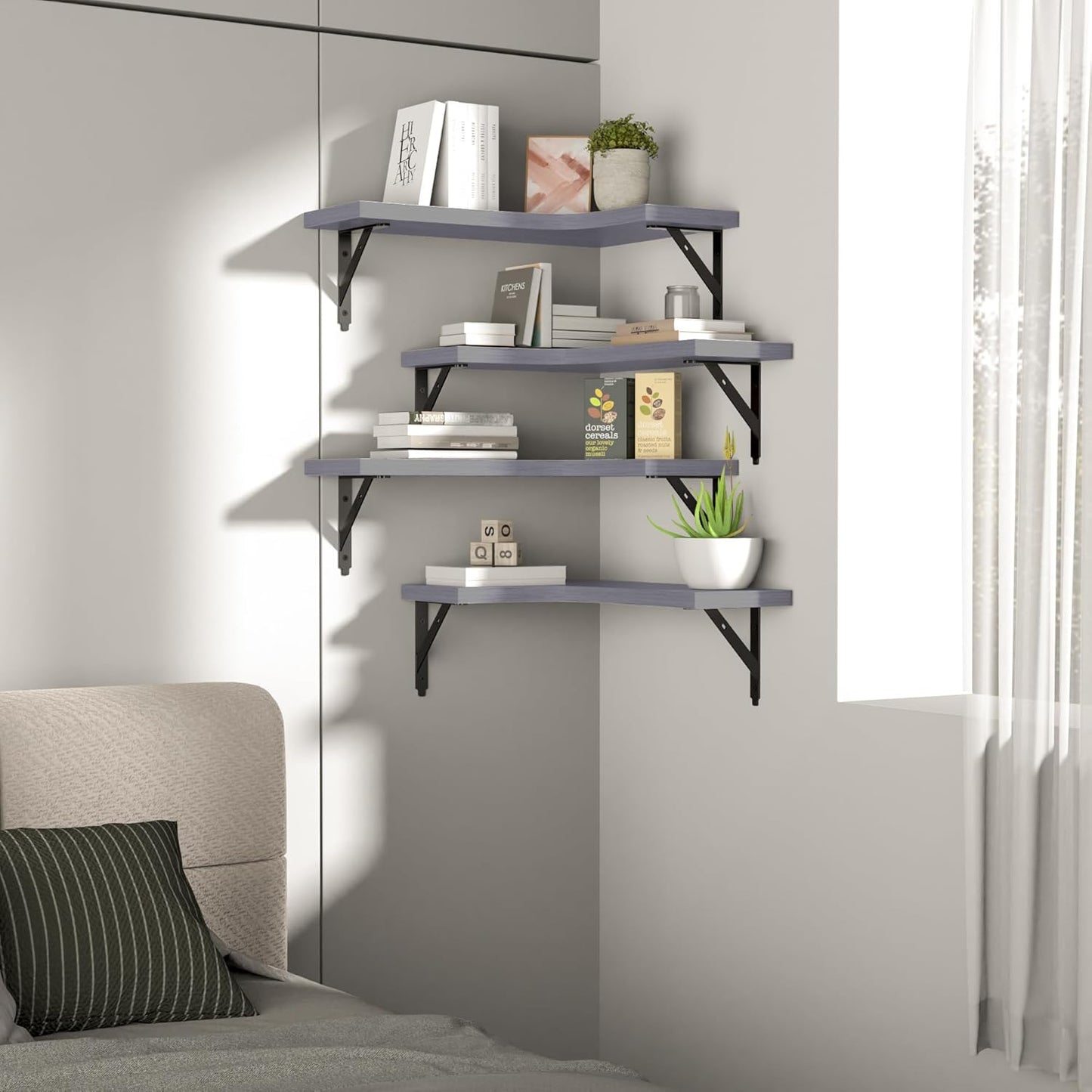 ROMGUAR CRAFT Corner Floating Shelves Wall Mounted Set of 4, Rustic Wood Storage Display Shelves for Home Decor, Bathroom, Kitchen, Bedroom, Living Room, Office (Black)