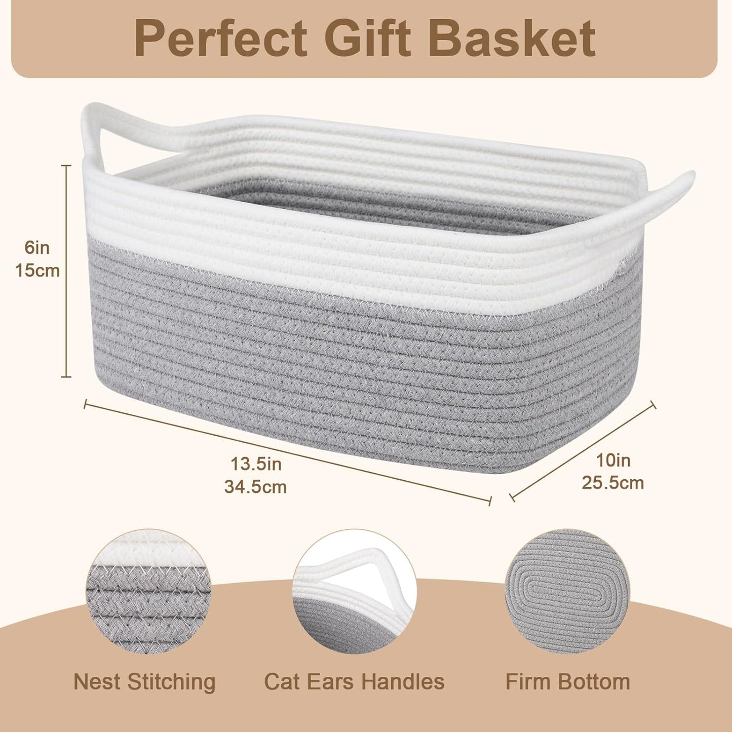 OIAHOMY Woven Basket, Gift Basket Empty with Gift Bags and Ribbons, Rope Baskets for Baby Showers, Storage Baskets with Handles for Nursery, Pet Toy Organizer - White