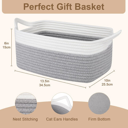 OIAHOMY Woven Basket, Gift Basket Empty with Gift Bags and Ribbons, Rope Baskets for Baby Showers, Storage Baskets with Handles for Nursery, Pet Toy Organizer - White