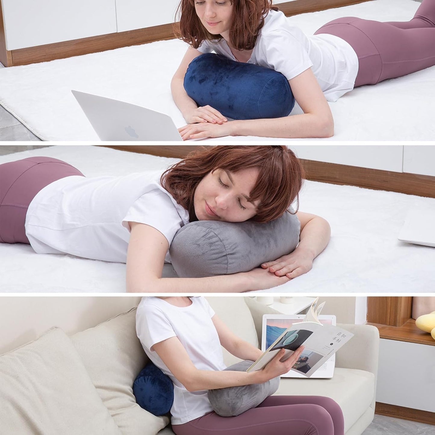 1 MIDDLE ONE Round Cylinder Bolster Pillow with Removable Velvet Cover, Tube Roll Cervical Pillow for Head, Neck, Back and Legs Support, 13" x 6", Grey